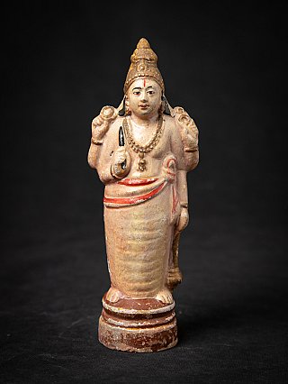 Vishnu-Statue aus Indien, stehend auf rundem Sockel, frontal mit bemalten Details