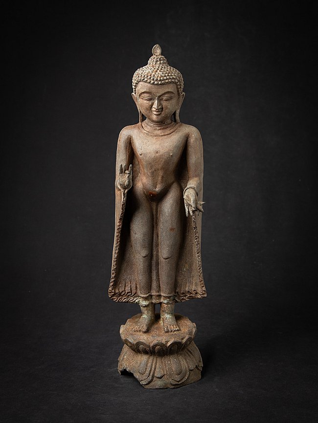 Bronze Buddha statue from Burma (Myanmar) standing on lotus base, full front, vitarka mudra