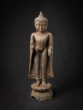 Bronze Buddha statue from Burma (Myanmar) standing on lotus base, full front, vitarka mudra