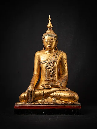 Hölzerne Buddha-Statue aus Burma (Myanmar), sitzend in Bhūmisparśa-Mudrā, Frontalansicht