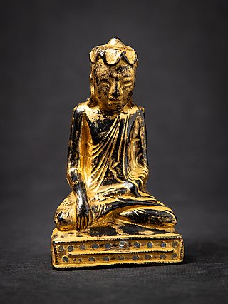 Burmese wooden Buddha statue in Shan style, seated with bhumisparsha mudra, full front