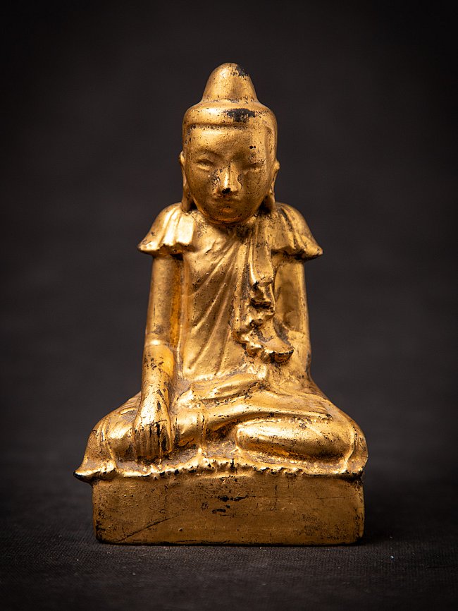 Burmese wooden Buddha statue seated in bhumisparsha mudra, full front view