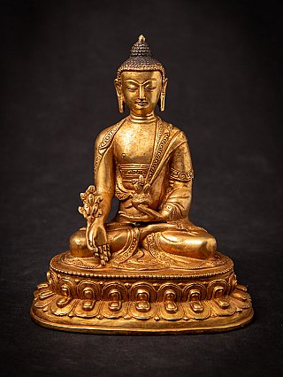 Medicine Buddha statue in Nepali bronze, seated on lotus base, full-front view