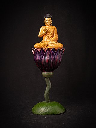 Burmese wooden Buddha statue seated in vitarka mudra on a tall lotus throne, full front view