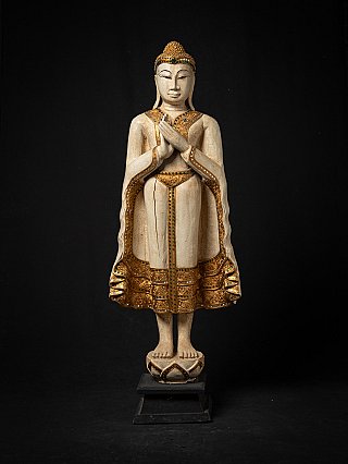 Thailändische stehende Buddha-Statue aus Holz mit Gebetshaltung, Frontansicht