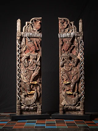 Pair antique wooden Burmese temple doors