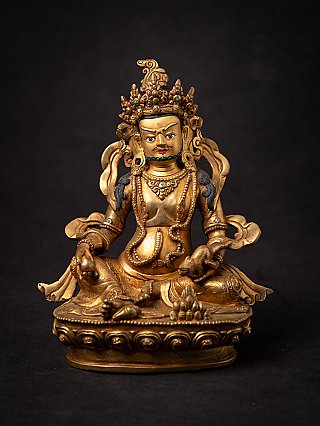 Nepalische Bronze-Statue von Kuber (Jambhala), sitzend auf Sockel, Frontalansicht