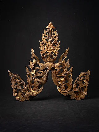 Antique Burmese wooden temple panel with gilded openwork carving, front view