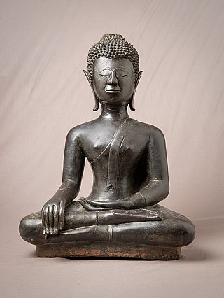 Lao bronze Buddha statue seated in bhumisparsha mudra, full front view