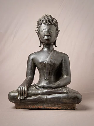 Lao bronze Buddha statue seated in bhumisparsha mudra, full front view