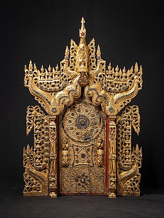 Antikes burmesisches Holz-Tempelpaneel der Mandalay-Periode, vergoldet, mit zentraler Türfüllung