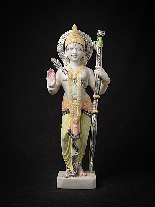 Marmeren Rama-beeld uit India, staand met opgeheven hand in abhaya mudra en boog