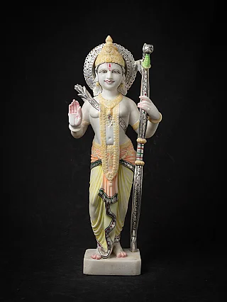Marmorskulptur von Rama aus Indien, stehend mit erhobener Hand (Abhaya-Mudra) und Bogen