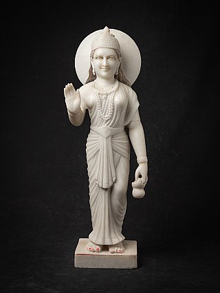Marble statue of Brahmacharini from India, standing with abhaya mudra, full front