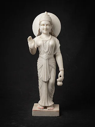 Marmorstatue der Brahmacharini aus Indien, stehend mit Abhaya-Mudra, Frontansicht