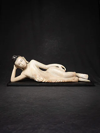 Reclining Buddha statue in Burmese marble on black base, full view from the front