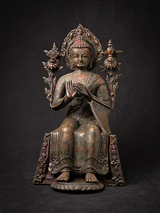 Nepalesische Maitreya-Buddha-Statue aus Bronze in Dharmachakra-Mudra, Frontalansicht