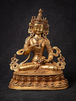 Vajrasattva bronze statue from Nepal, full front view seated on lotus base with jeweled crown