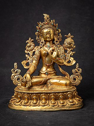 White Tara bronze statue from Nepal, seated with vitarka mudra, full front view
