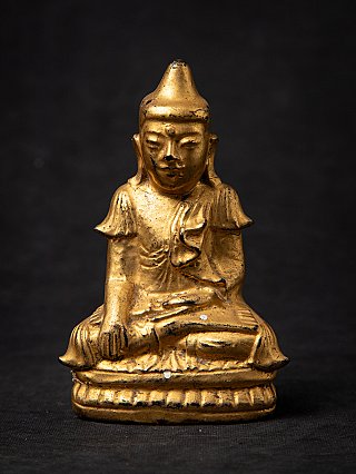 Antiek houten Boeddhabeeld uit Birma (Myanmar), Shan-stijl, zittend in bhumisparsha mudra, vooraanzicht