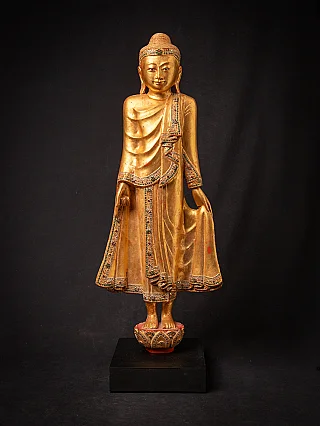 Standing wooden Mandalay Buddha statue from Myanmar, full-front view