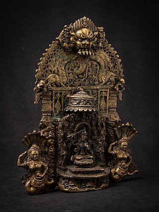 Nepalese bronze altar with Manjushri, frontal view with canopy, arch decoration and side figures