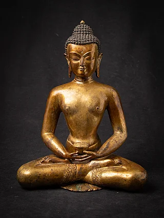 Bronze Buddha statue from Nepal seated in dhyana mudra holding a bowl, full front