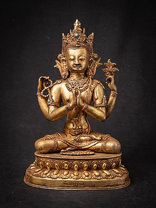Chenrezig bronze statue from Nepal, full front view seated with namaskara mudra