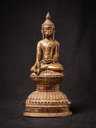 Burmese Ava Buddha statue in bronze, full front view, seated in bhumisparsha mudra on tiered base