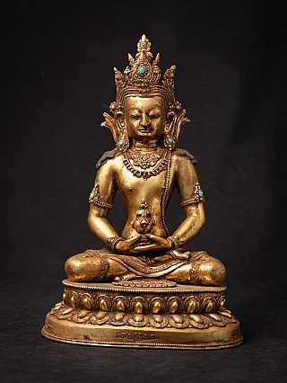 Aparmita Buddha statue in bronze from Nepal, seated on lotus base, full front view