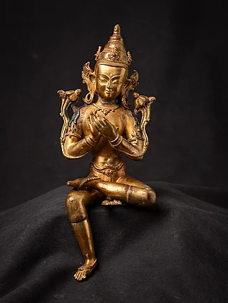 Nepalesische Bodhisattva-Statue aus Bronze, sitzend mit Dharmachakra-Mudra, Frontansicht