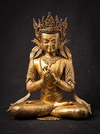 Nepalesische Buddha-Statue aus Bronze, sitzend in Dharmachakra-Mudra, Vorderansicht mit Krone
