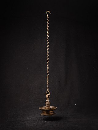 Antike indische Öllampe aus Bronze mit langer Hängekette und Haken, 19. Jh.