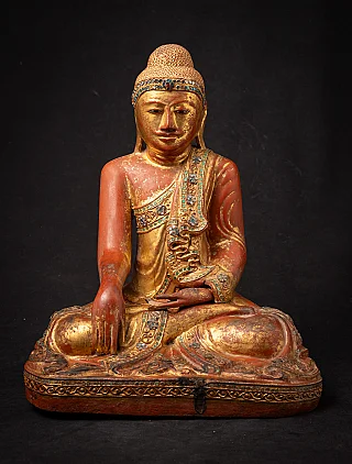 Antike hölzerne Buddha-Statue aus Burma (Mandalay), Bhumisparsha-Mudra, Frontalansicht