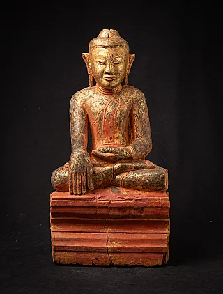 Antike hölzerne Buddha-Statue aus Burma, sitzend in Bhumisparsha-Mudra, Frontalansicht