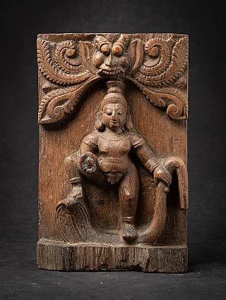 Antiek Indiaas houten tempelpaneel met Bala Krishna