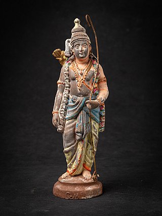 Antique wooden Rama statue from India, standing with staff, full-front view