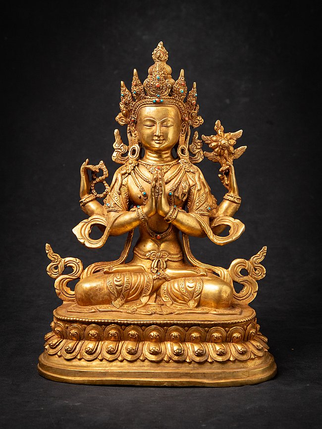 Alte vergoldete Nepalesische Chenrezig Figur aus Bronze