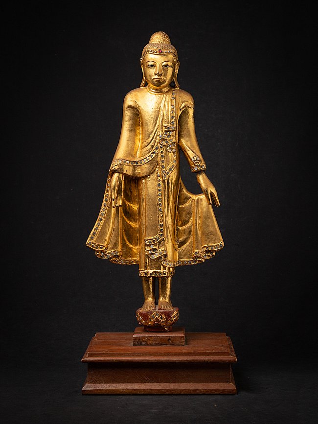 Standing wooden Buddha statue from Burma (Myanmar), gilded, full-front view on base