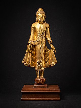 Standing wooden Buddha statue from Burma (Myanmar), gilded, full-front view on base