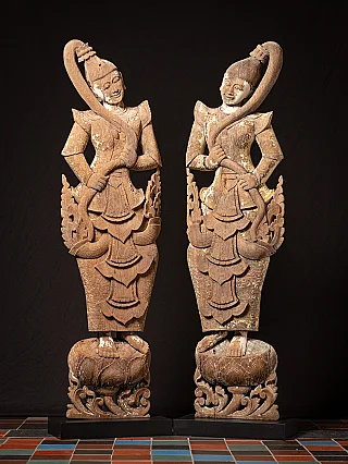 Pair large antique Burmese wooden temple panels with Wathondara, the Earth Goddess