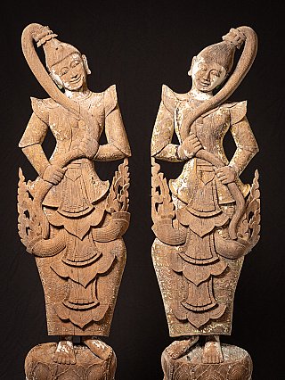 Pair large antique Burmese wooden temple panels with Wathondara, the Earth Goddess