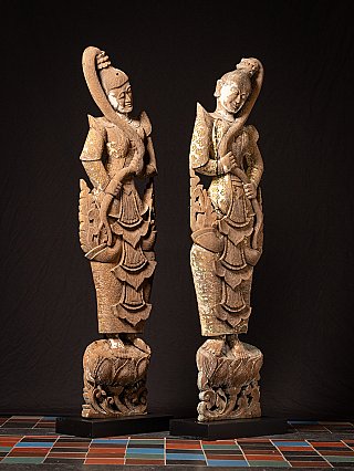 Pair large antique Burmese wooden temple panels with Wathondara, the Earth Goddess