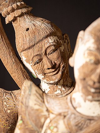 Pair large antique Burmese wooden temple panels with Wathondara, the Earth Goddess