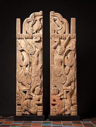 Pair antique wooden Burmese temple doors