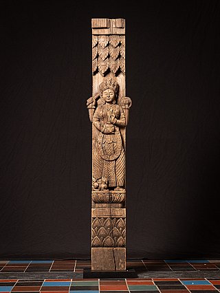 Antique wooden Burmese temple panel with female Spirit
