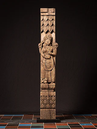 Antique wooden Burmese temple panel with female Spirit