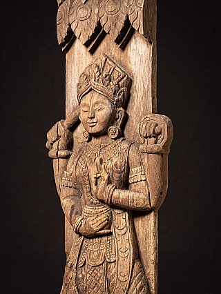 Antique wooden Burmese temple panel with female Spirit