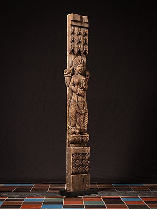 Antique wooden Burmese temple panel with female Spirit