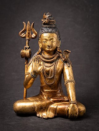 Nepalesische Shiva-Bronzestatue, sitzend mit erhobener Hand und Dreizack, frontal